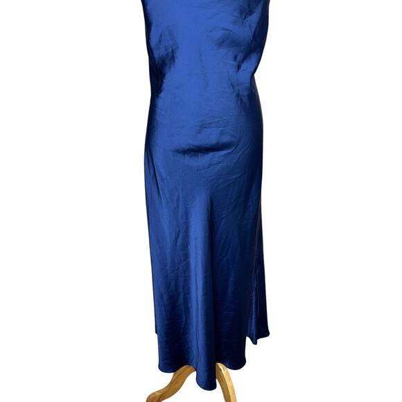 Tahari Dainty Navy Blue Satin Slip Midi Minimalist Dress Cowl Neck Size Large - Picture 4 of 9